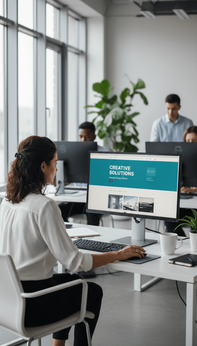 Web designer working on website design at modern office desk